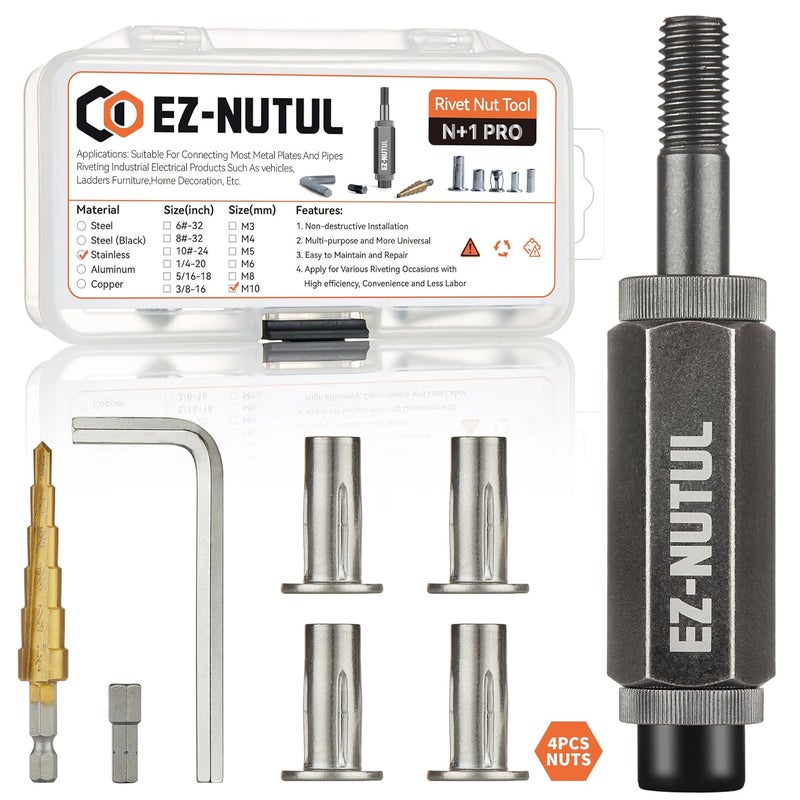 EZ-NUTUL Multi-Grip Rivet Nut Installation Tool Set Pre-Bulbed Shank Flat Head Threaded Insert Nut Plus Nuts Assortment Kit Cross Rivnut for Construction Industrial (M10(Plus Nut Tool-4pcs, Stainless)) - Image 1